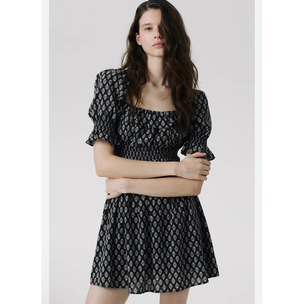 NEW H&M Tiered Mini Dress Sz L Square Neck Smocked Boho Babydoll Prairie Peasant